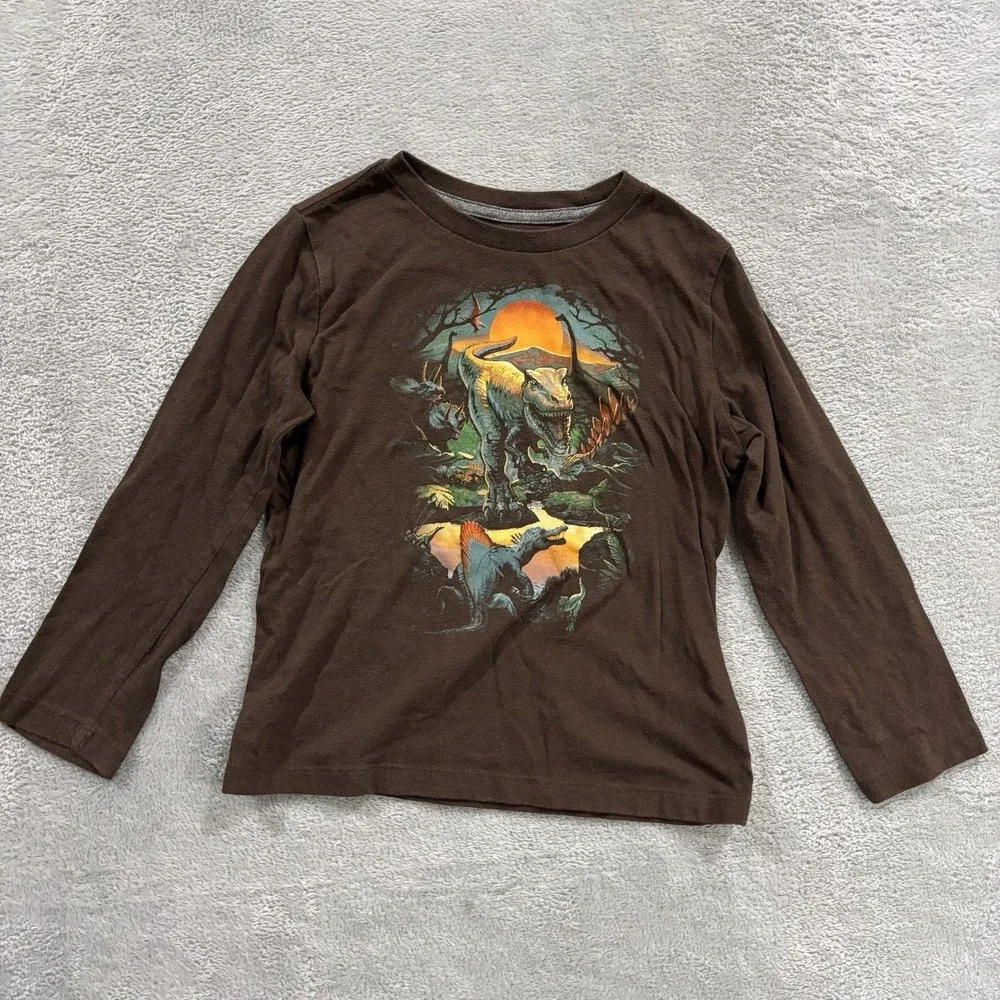Old Navy Dinosaur Graphic Tee T Shirt Boys Youth Small 6-7 Long Sleeve Brown